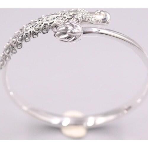 New Pure 999 Fine Silver Bracelet 9mm Beautiful Peacock Pattern Relief Cuff Bangle 55-62mm About 37.1g
