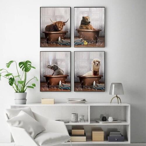 Animal in Bathtub Poster Print Highland Cow Bear Alpaca Elephant Canvas Painting Nursery Wall Art Nordic Pictures Kid Room Decor