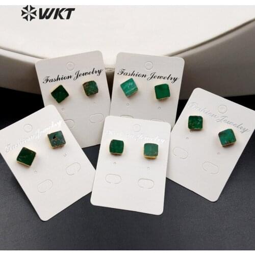 WT-E371 Wholesale Square Gems studs with gold cube bowlder studs Yu stone studs Australia Chrysoprase studs with gold plating