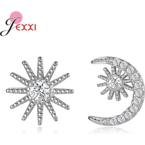 Asymmetric Moon Sun Stud Earrings Minimalist 925 Sterling Silver Crystal CZ Zircon Engagement Earrings for Women Jewelry Party