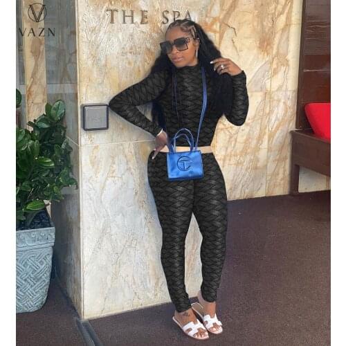 VAZN 2021 Autumn Tracksuits Young Sexy Retro Turtleneck Full Sleeve Top Long Pencil Pants Slim 2 Piece Set Slim For Women