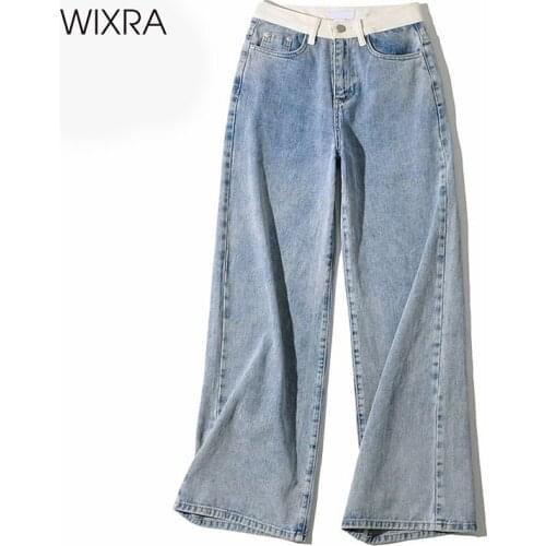 Wixra Womens Demin Pants Design Patchwork Wide-Leg Straight Jeans Womens Street Style Button Zipper Ladies Spring Autumn
