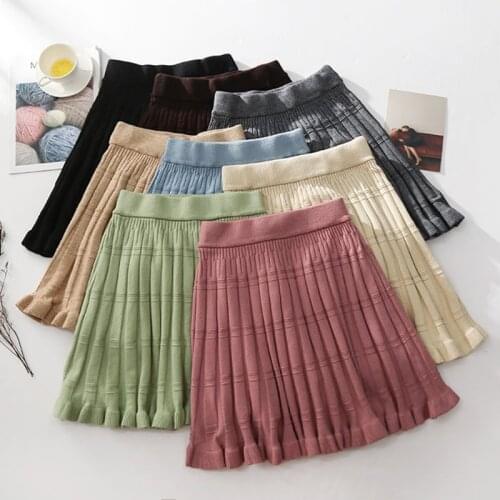Autumn Winter Mini Knit Skirt Women Pleated Ruffles Skirts 8 Color Basic Knitting Preppy Tutu Skirts Female faldas mujer