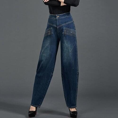 Plus Size Blue Jeans Women 2021 New Spring Autumn High Waist Fashion Mom Splicing Pockets Loose Denim Harem Pants Trousers