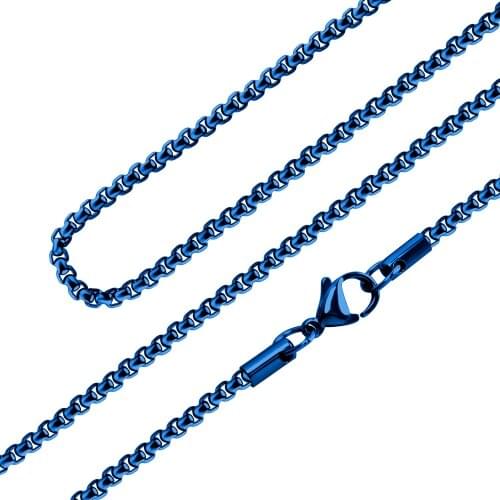 2mm Blue Round Box Chain Necklace for Men Women Smooth Stainless Steel Jewelry Curb Cuban Link Chokers Basic Punk Solid Metal