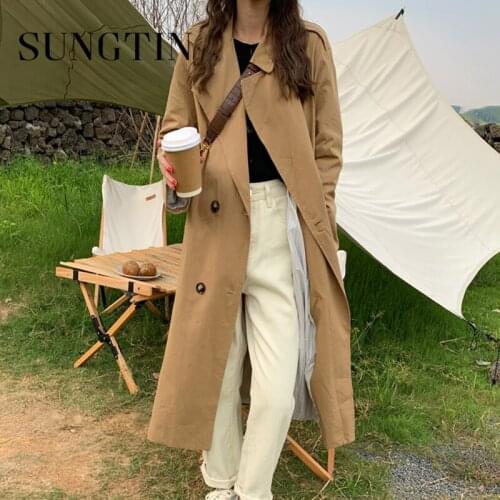 Sungtin Vintage Loose Long Trench Coat Women Korean Casual Long Outerwear Fashion Double Breasted Windbreaker Female OL Pockets