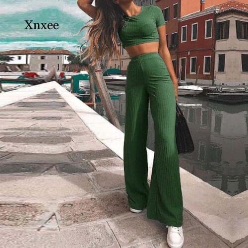 2021 Summer Womens Street Suit Knitted Sportswear Short Sleeve Cropped Top Wide Leg Pants 2-Piece Ladies Suit