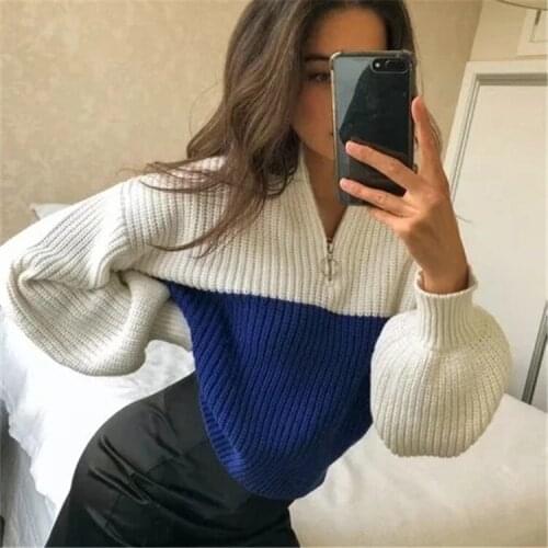 Winter Fleece Sweater Fashion Patchwork Sweaters Warm Zipper Pullovers Women Winter Coat Sherpa Tops turtleneck ropas de mujer