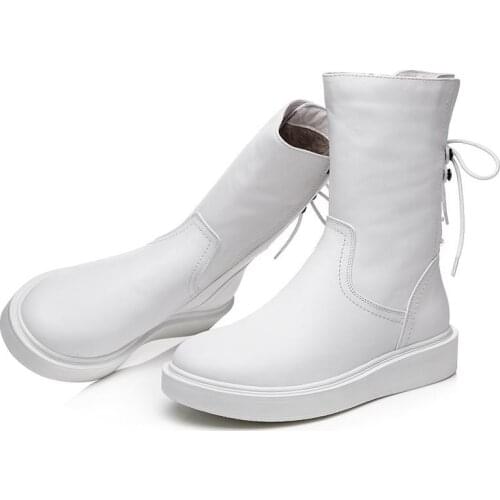 2021 Winter Genuine Leather Women Boots Fur Warm Martin Boots Snow Boots Zippe Lace-up Platform Boots Black Motorcycle Boots