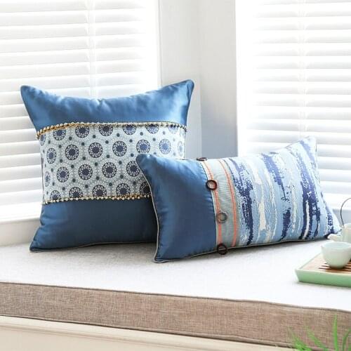 Blue flower pillow case floral jacquard cushion cover sofa decorative abstract waist pillow cover for backrest