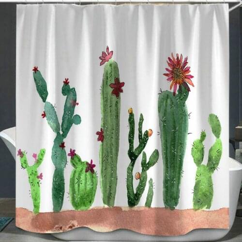 Flower Plant Cactus Tropical Shower Curtain Set with 12 Hooks Bathroom Decoration