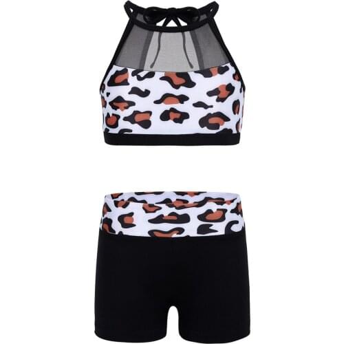 Kids Girls Ballet Dance Gym Workout Sport Set Tankini Outfit Sleeveless Mesh Splice Tank Top with Bottoms Set Children Sportwear