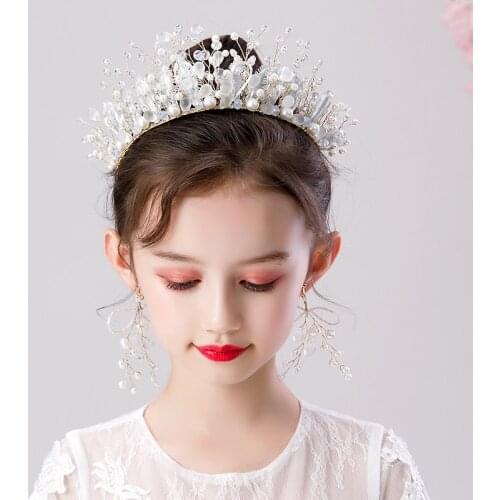 Elegant Vintage Gold Pearl Crystal Tiara Hairbands For Children Kid Girls Handmade Headband With Earrings Set Party Hair Jewelry