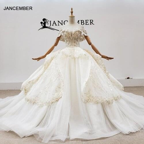 HTL1774 Ball-Gowns Beading Crystal Luxury Wedding Dress 2020 Applique Off The Shoulder Short Sleeve