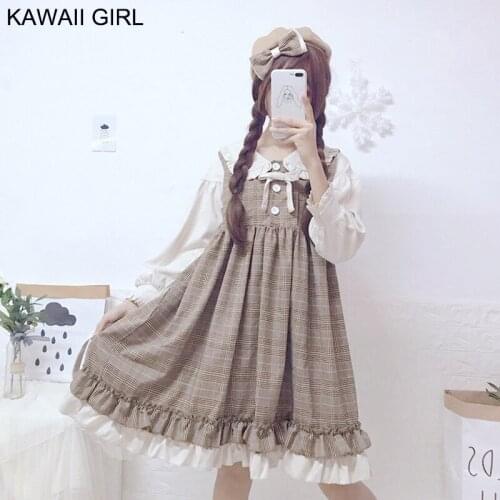 Kawaii Cute Stitching Lolita Everyday Dress Women Vintage Loose Long Sleeve Bow Ruffle Dresses Autumn Soft Girly Lolita Dress