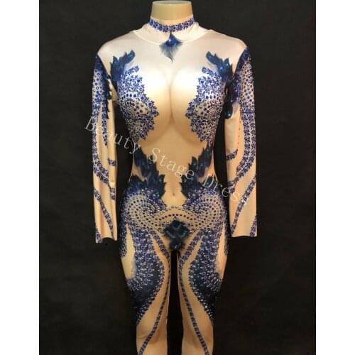 Nightclub Fashion Shining Long Sleeves Rhinestones Sexy Jumpsuit Womens Stage Dance Bodysuit Female Skinny Leggings DJ DS