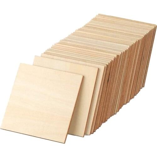 Unfinished Wood Pieces 50 Pcs 4 Inch Square Blank Wood Natural Slices Cutouts for DIY Crafts Painting Staining