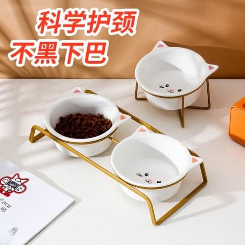 New High-end Pet Bowl Bamboo Shelf Ceramic Feeding and Drinking Bowls for Dogs and Cats Pet Feeder Accessories