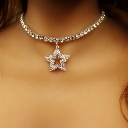 New Unique Statement Five-pointed Star Choker for Women Tennis Chain Necklace Crystal Rhinestone Pendant Necklace Chain Jewelry