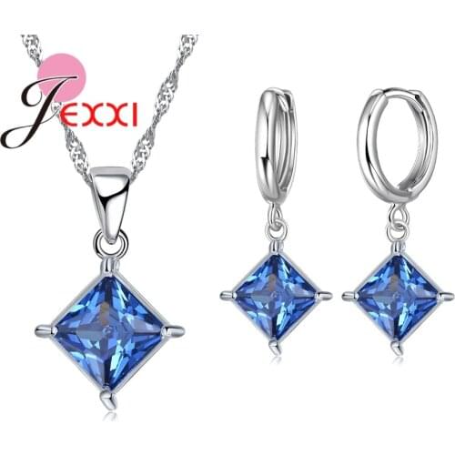 Square Shape Popular Style Earrings Necklaces Set Collection Blue 925 Sterling Silver For Girl Valentines Day Present