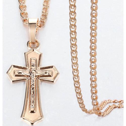 Mens Womens 585 Rose Gold Cross Crucifix Jesus Pendant Necklace Fashion Jewelry Christmas Gifts DGP405