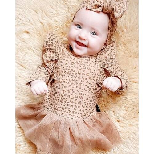 Infant Newborn Baby Girls Long Sleeve Ribbed Leopard Jumpsuits Mesh Bodysuits Skirts Spring Autumn Outfits +Headband