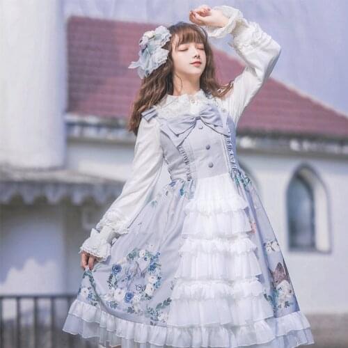 Palace sweet lolita dress japanese vintage bowknot printing high waist cardigan victorian dress kawaii girl gothic lolita jsk