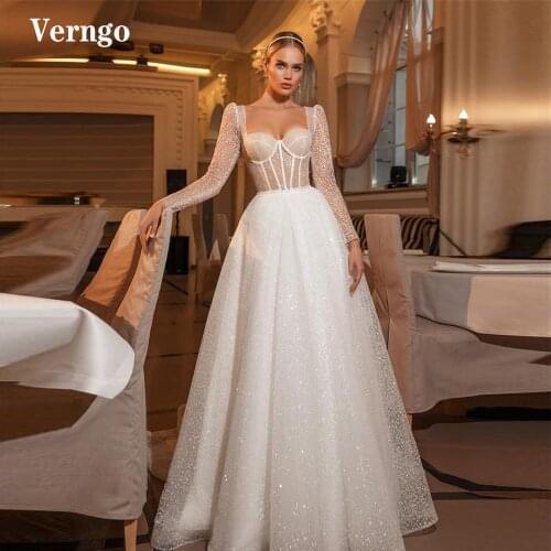 Verngo Glitter A Line Wedding Dress Long Sleeves Sweetheart Boning Corset Modern Bridal Dresses Sweep Train Vestido de novia