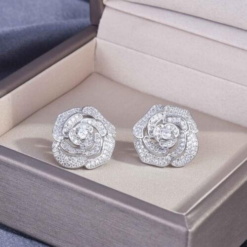 DIWENFU Hollow Rose Camellia Earrings for Women Genuine 925 Sterling Silver Bizuteria Aros Mujer Oreja Orecchini Earrings Box