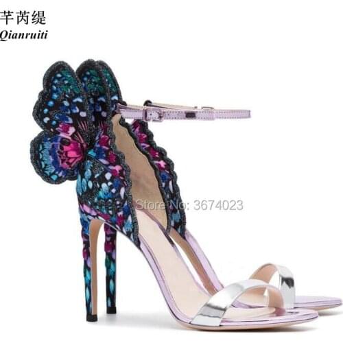 Qianruiti Embroidered Butterfly Wings Sandals Party Dress Shoes Women Mixed color High Heels Ankle Strap Stilettos Wedding Heels