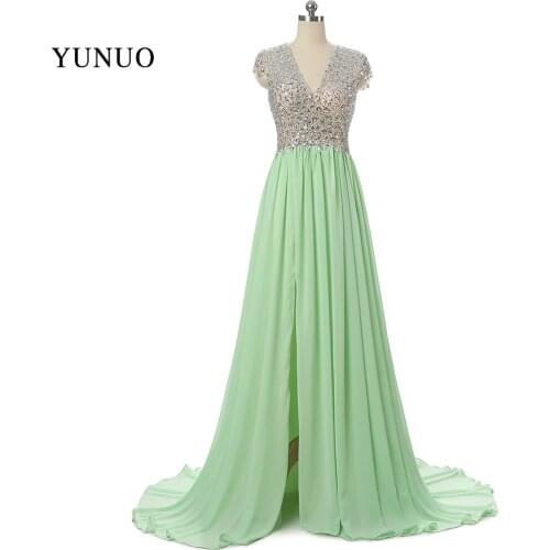 Real Pic Custom Made New Arrival 2019 Mint Evening Dress Long A-Line Open Slit Sexy Backless Chiffon with Bling Crystals x3112