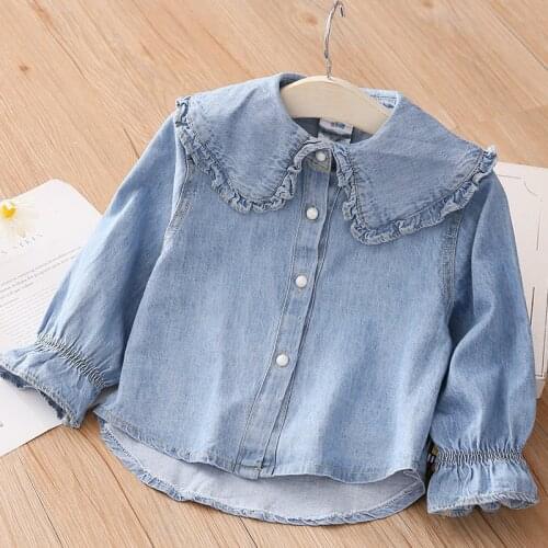 2021 New Spring Autumn 2 3 4 5 6 8 10 Years Children Clothing Turn-Down Neck Long Sleeve Denim Blouse Shirt For Kids Baby Girls