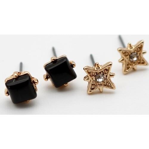 Earring Stud Post Earrings For Women Star Crystal Glass Black Stones Ear Ring Set Cute Classic Zinc-Alloy Fashion Jewelry 202187
