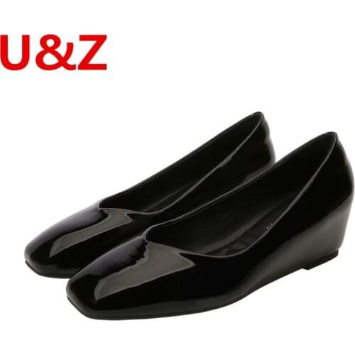 Square Toe Formal Shoes Comfy Women Shoes Wedges Purity Black/Burgundy/Khaki Height Increased 4.5cm Patent leather Casual Shoes