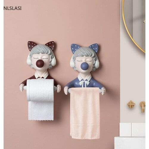 Nordic Cute Girl Diversified Towel Rack Wall-mounted Paper Holder Towel Rack Shelf Bath Accessories Storage Series Punch-free