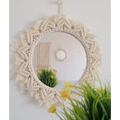 Handmade Mirror Macrame Tapestry Home Hotel Mirror Decoration Wall Hanging Cotton Thread Nordic Bohemia Background Wall Decor