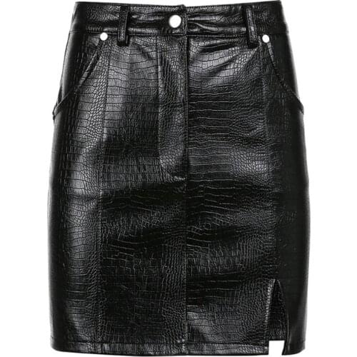 Womens High Waist Crocodile Pattern Split Hem Faux Leather Black Mini Skirt Package Hip Bodycon Party Clubwear