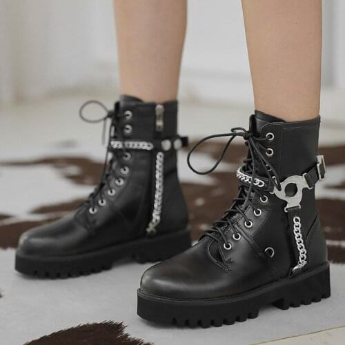 New Cross Tied Handmade Genuine Leather Women Boots Buckle Round Toe Thick Sole Women Shoes Platform Zipper Ankle Martin Boots