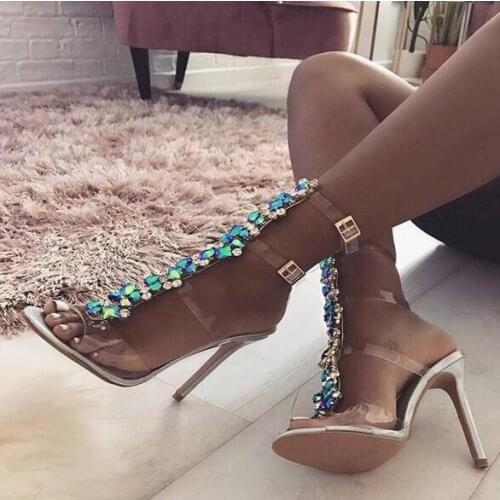 Luxury Double Buckle PVC Strap Women Sandals Cut-out Stone Embellishment High Heel Gladiator Sandal Shoes Women Summer Pumps