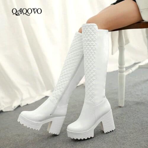 Women Shoes Winter Plush Square High Heel Knee High Boots Fashion Platform Zipper Boots Round Toe Snow Boots White Black 2019