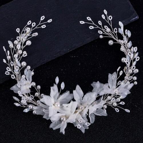 Silver Color Tulle Flower Bridal Headband Women Hair Wreath Opal Crystal Wedding Prom Hair Crown Accessories