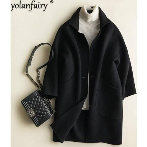 Double-sided 100% Wool Coat Female Jacket Black Oversized Long Coat Korean Womens Coats Overcoat Manteau Femme SNJ1788 KJ4057