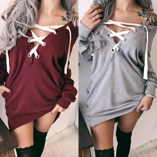Women autumn Solid Color Long Sleeve Sexy Deep V Neck Tops Front Lacing Midi Pullover Sweatshirt Chic Concise Shirt Dress