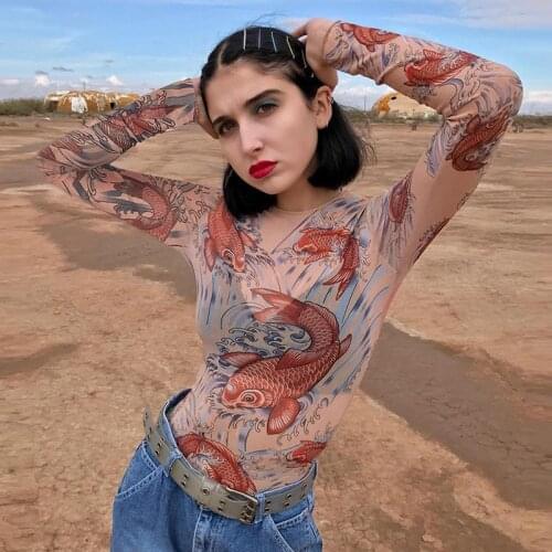 See-through Fish Print Women Bodysuit Long Sleeve Autumn Winter Sexy Bodysuit O Neck Slim Bodysuits Rompers Womens Jumpsuits