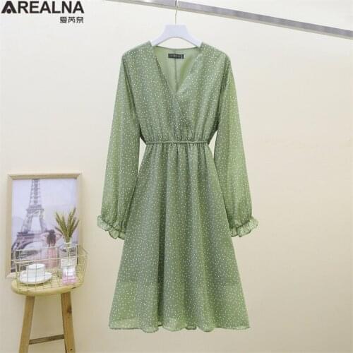 Womens Printed Dot Chiffon Dresses 2021 New spring Elastic Waist Long Sleeve V-neck party woman Dress Vintage Vestidos Mujer