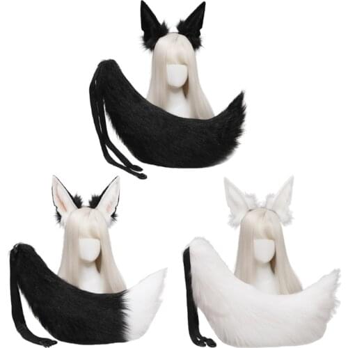 1SetAnimal Wolf Ears Headdress Tail Set Plush Handmade Costume Anime for Halloween Christmas Cosplay Accessories