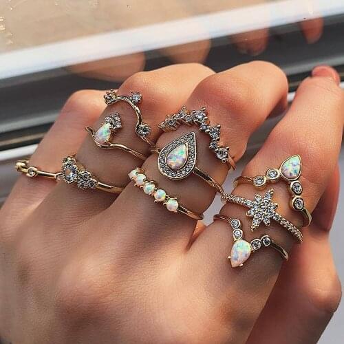10 Pcs/set Crystal Opal Crown Moon Star Rings Set for Women Geometric Fashion Gold Color Heart Finger Rings Boho Charm Jewelry