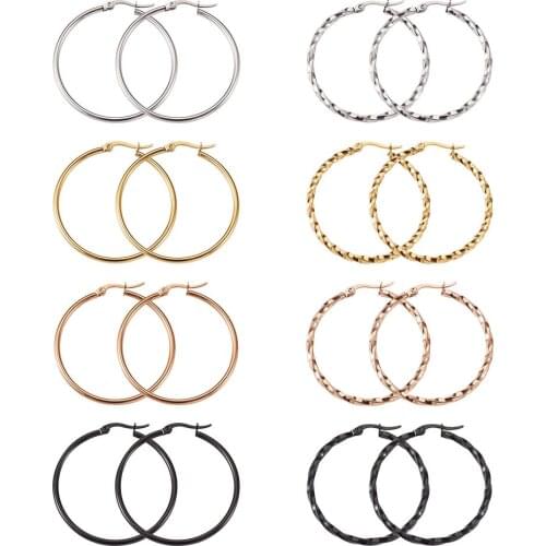 6 Pairs/set Fashion Titanium Steel Hoop Earrings Smooth&Twisted Round Circle Hoop Earrings Set For Women Girl Punk Style Jewelry