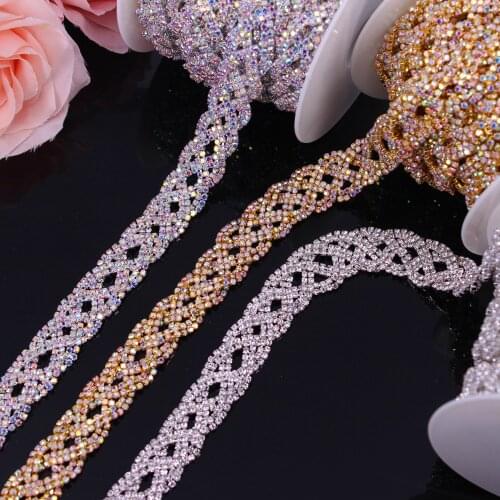 Wholesale Cheap Price Trim -Metal Rhinestone Applique 1 Yard Gold Ab Elegant Cup Chain Trim for Wedding Dress Belt Crystal