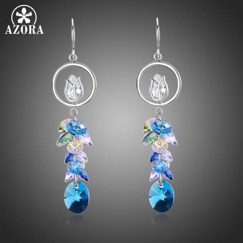 AZORA Fashion Tear Drop Multicolor Austrian Crystals Long Drop Earrings for Women Bridal Female New Design Lotus Jewelry TE0333